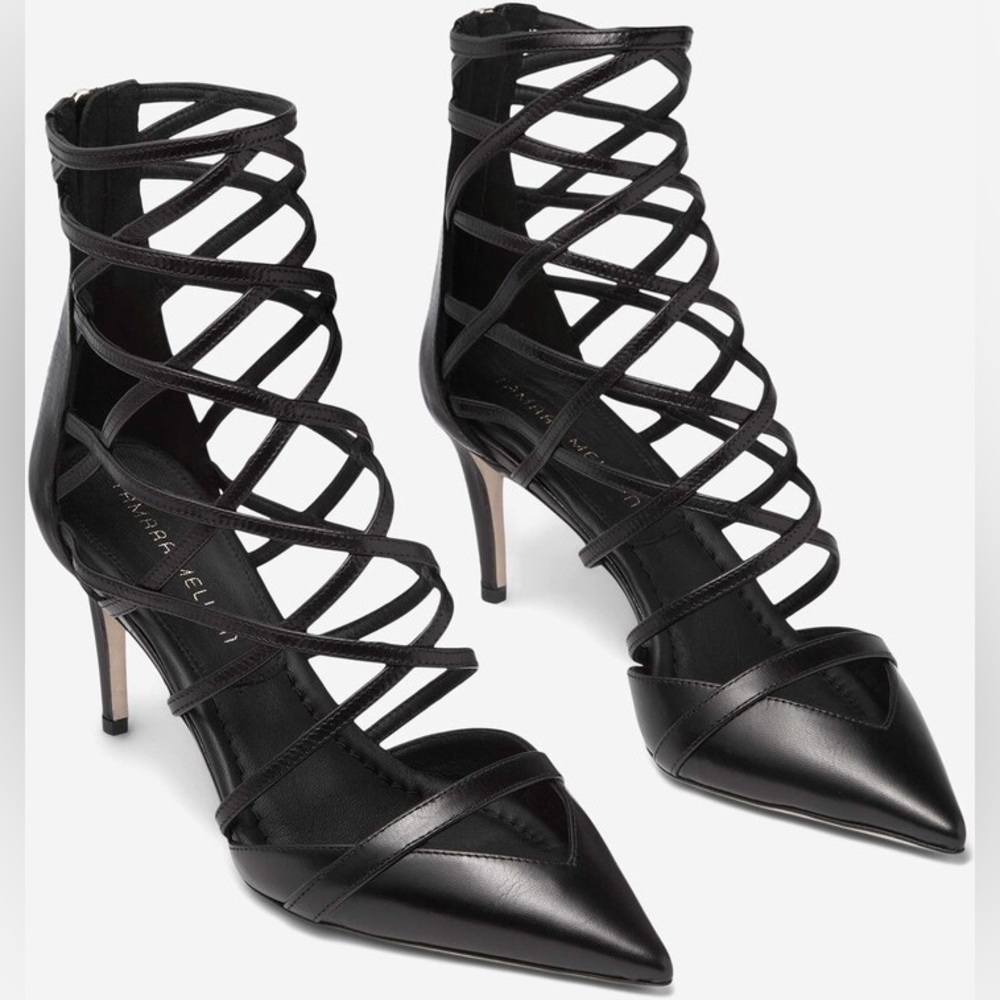 Tamara Mellon Strapped 75 Black Soft Capretto Leather Pumps